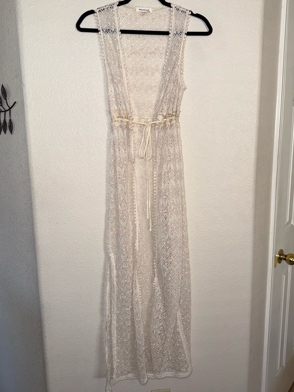 Monteau Cream Lace Maxi Sleeveless Cardigan with Tie Waist Size S